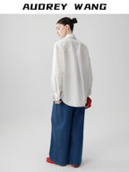audreyyang Comfortable Polyester Blend Loose Lapel Button Long Sleeve Commuter White Shirts