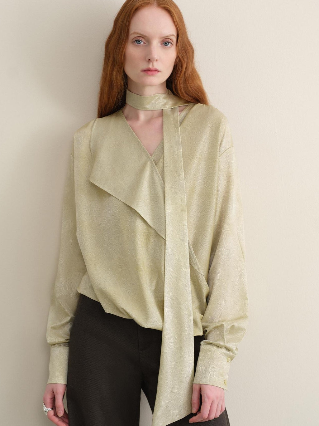 someonesometimes Breathable Casual Loose V-neck Tie Front Bell Sleeve Floral Cantaloupe Blouses