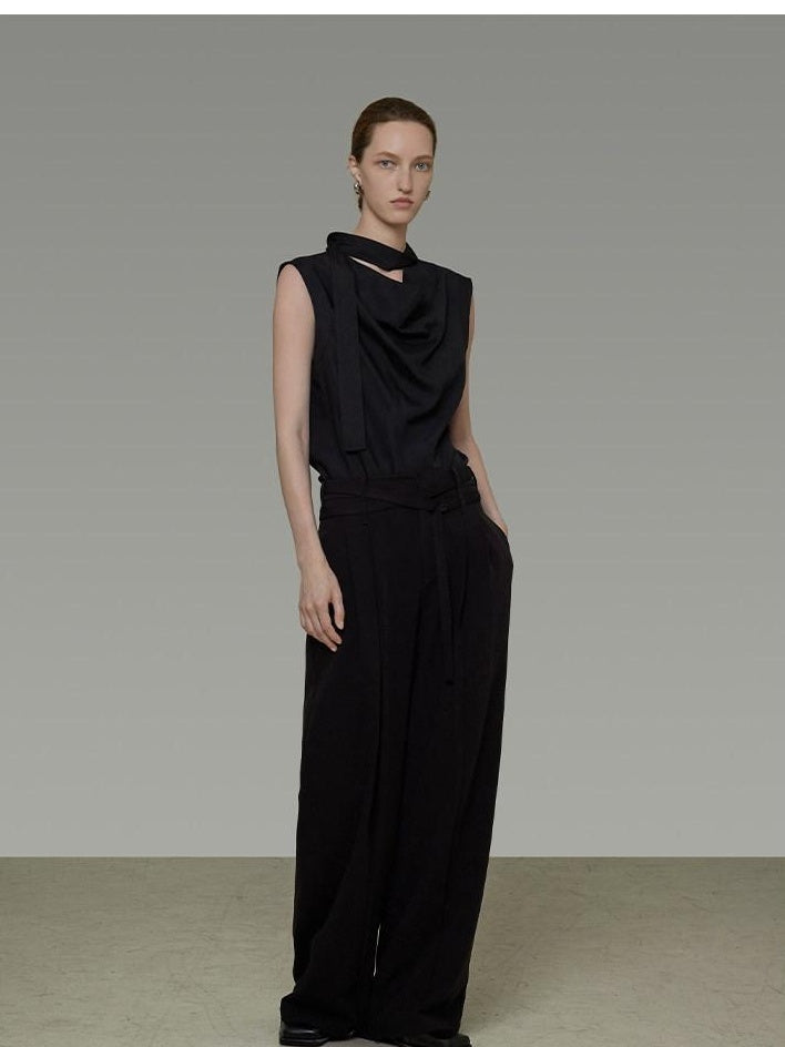 unspoken Breathable Viscose Tie Neck Sleeveless Loose Commuter Chic Women Black Blouses