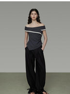 unspoken Slim Minimalist Colorblock Office Bardot Sleeveless Off Shoulder Crop Tops