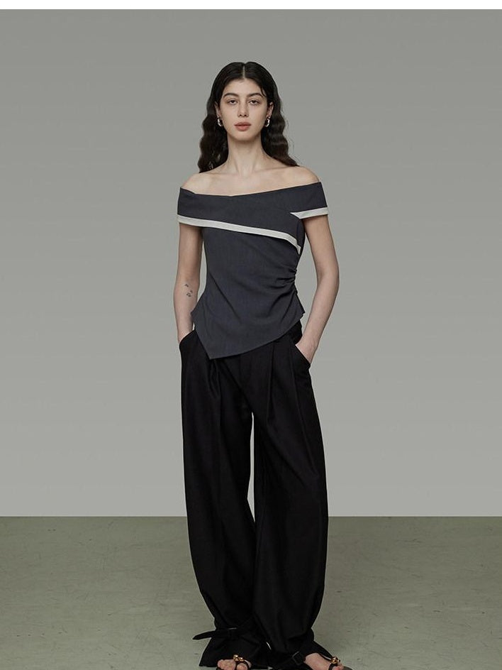 unspoken Slim Minimalist Colorblock Office Bardot Sleeveless Off Shoulder Crop Tops
