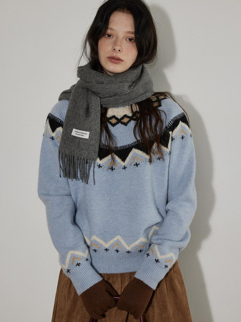 Lofi choose Soft Wool Blend Loose Fit Commuter Crewneck Pullover Blue Knit Tops Sweaters