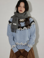 Lofi choose Soft Wool Blend Loose Fit Commuter Crewneck Pullover Blue Knit Tops Sweaters