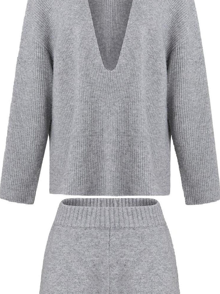 fano Light Heather Gray V-neck Knit Loose Casual Women Top & Shorts Sets