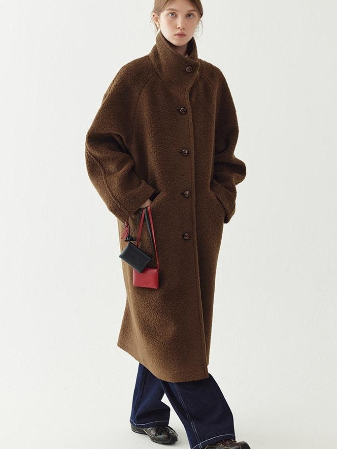 fano Soft Wool Blend Straight Cut Stand Collar Pockets Commuter Midlength Wool Coats