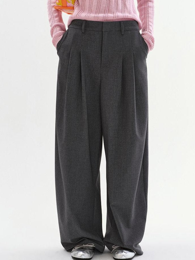 fano Lightweight Mid Rise Minimalist Flowy Young Women Polyester Grey Wide Leg Pants
