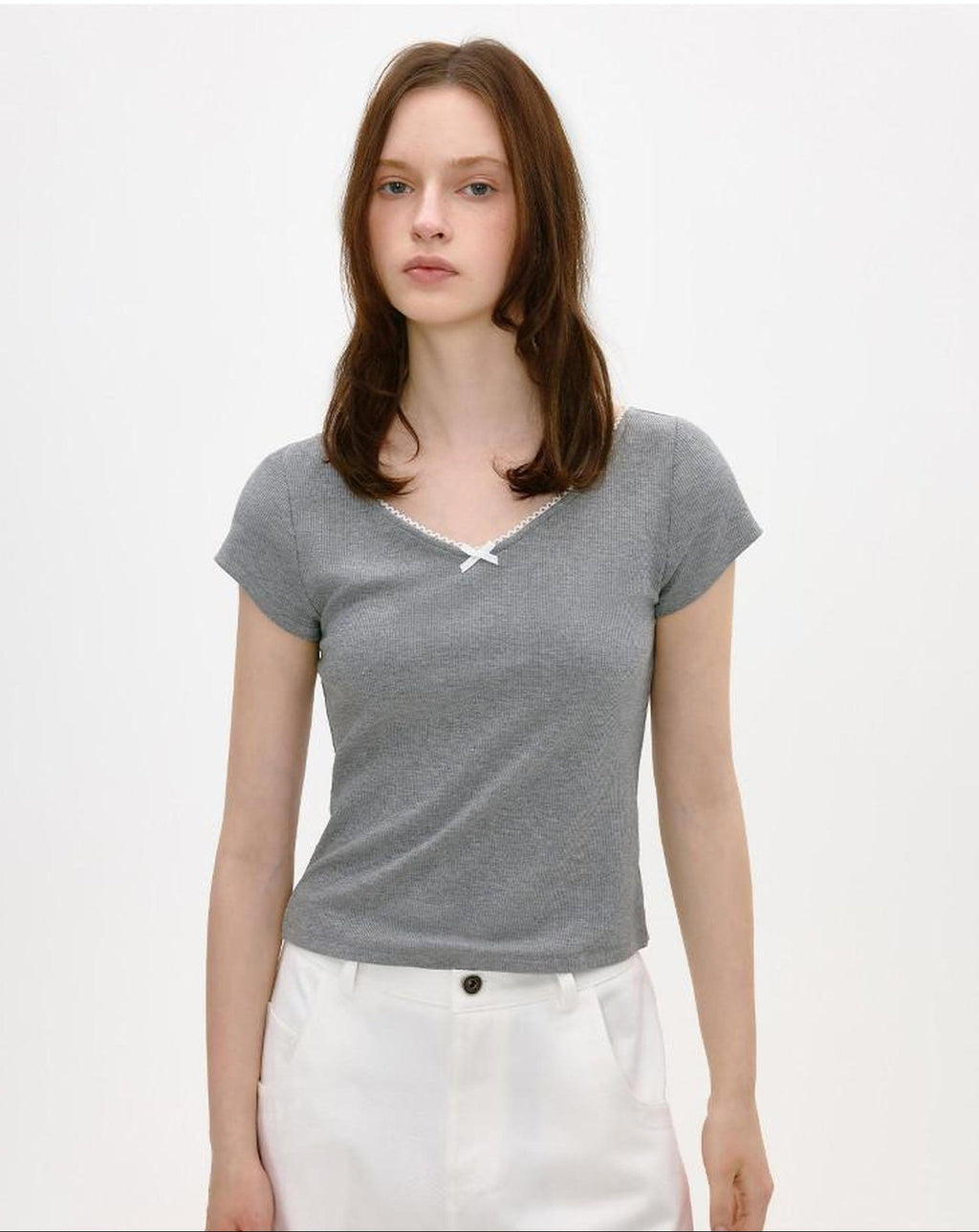 fano Soft V-neck Stretch Slim Fit Korean Office Short Sleeve Grey Basic Crop Tops