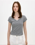 fano Soft V-neck Stretch Slim Fit Korean Office Short Sleeve Grey Basic Crop Tops