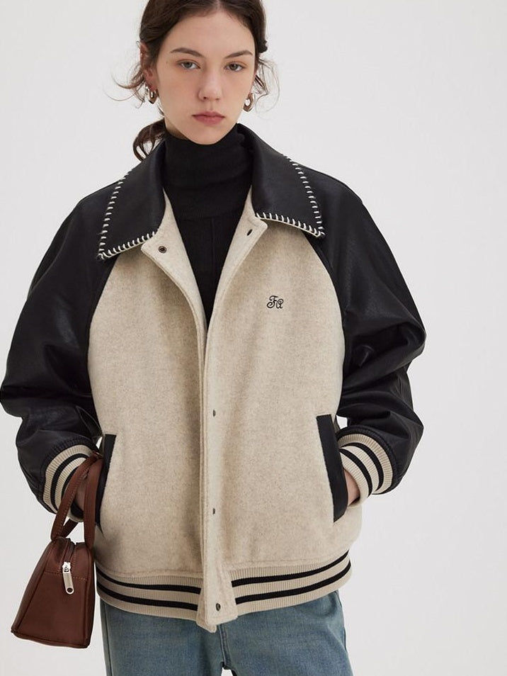 fano Shell Embroidered Commuter Loose Wool Raglan Women Colorblock Bomber Jackets