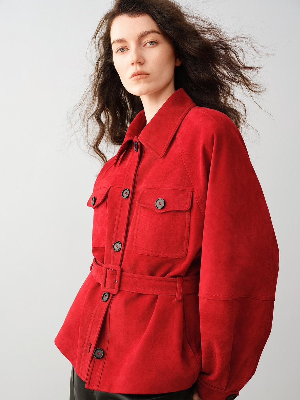 audreyyang Premium Lambskin Loose Fit Lapel Button Women Chinese Red Cropped Jackets