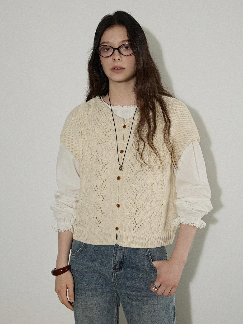 Lofi choose Versatile Openwork Short Round Neck Office Knit Women Ivory Acrylic Cardigans