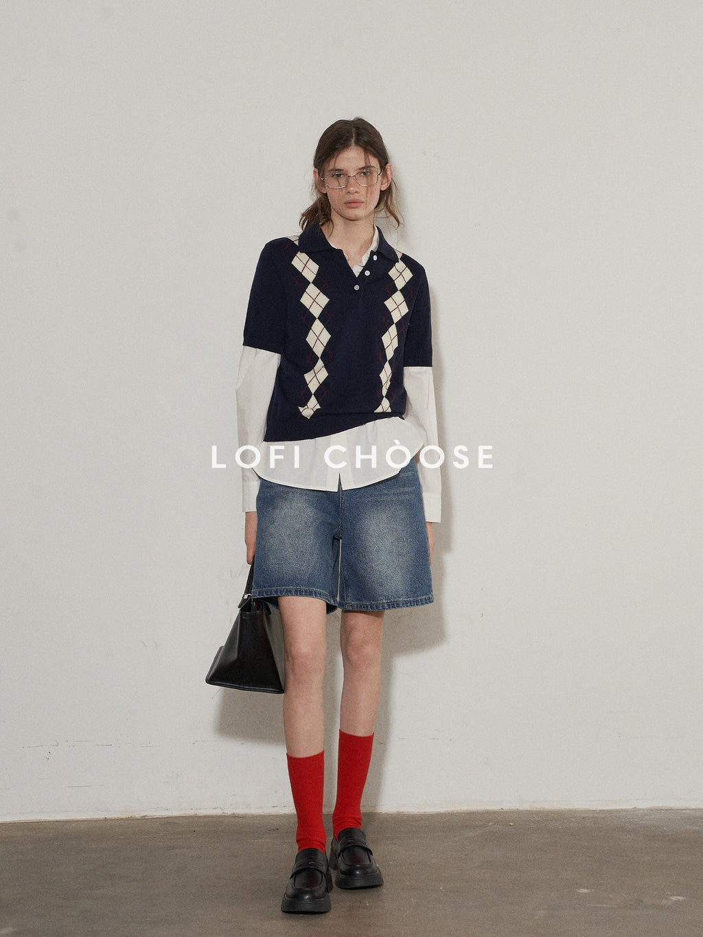 Lofi choose Cozy Argyle Polo Short Sleeve Loose Fit Vintage Knitwear Women Sweaters