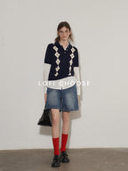 Lofi choose Cozy Argyle Polo Short Sleeve Loose Fit Vintage Knitwear Women Sweaters