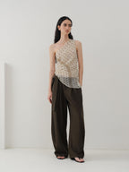 someonesometimes Minimalist Work Natural Waist Button Tea Brown Stretch Wide Leg Pants