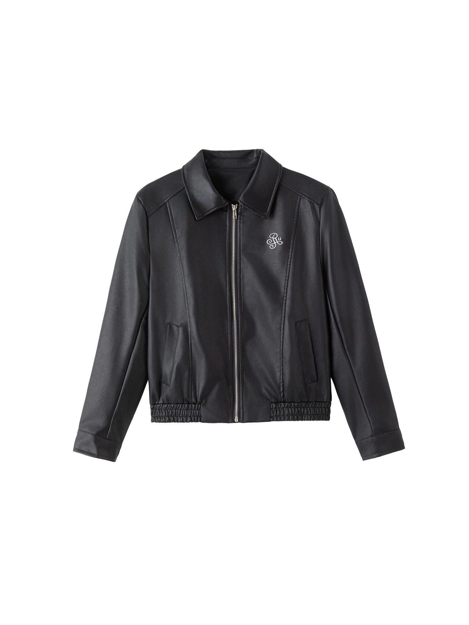 ikyou Glossy Slim Fit Androgynous Pu Black Short Lapel Zipper Daily Leather Jackets