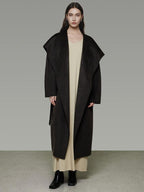 unspoken Pure Sheepswool Long Belted Lapel Loose Tailored Office Coffee Brown Wool Coats