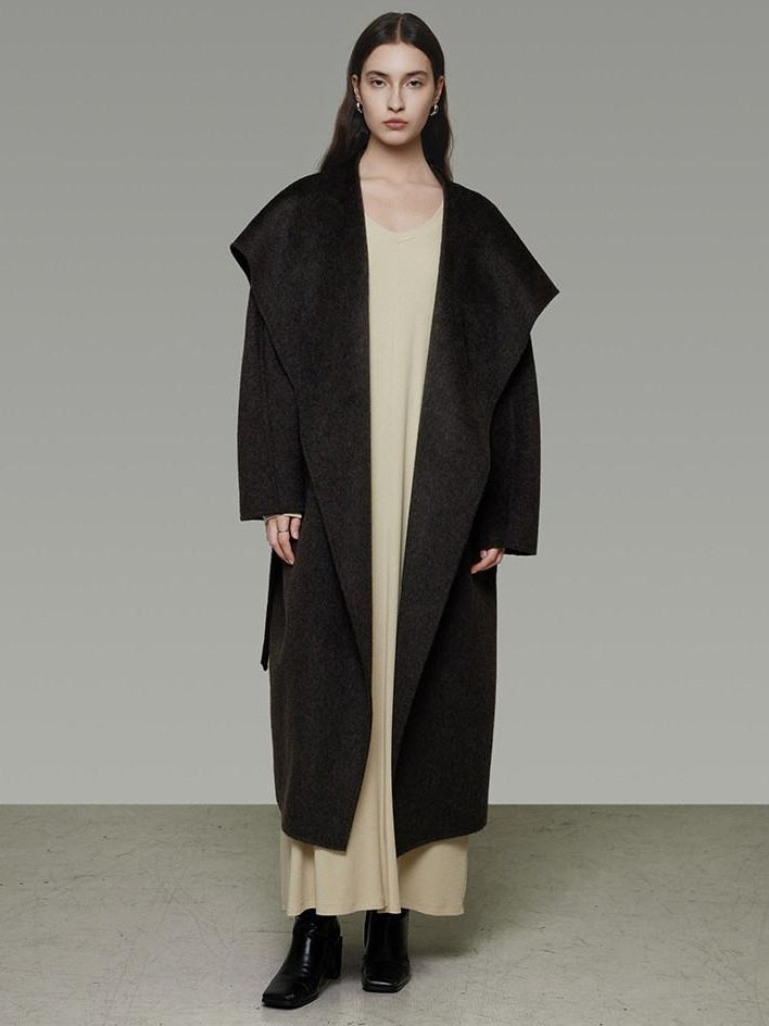 unspoken Pure Sheepswool Long Belted Lapel Loose Tailored Office Coffee Brown Wool Coats