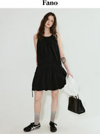 fano Soft Viscose Blend Korean Office A Line Sleeveless Black Midi Dresses