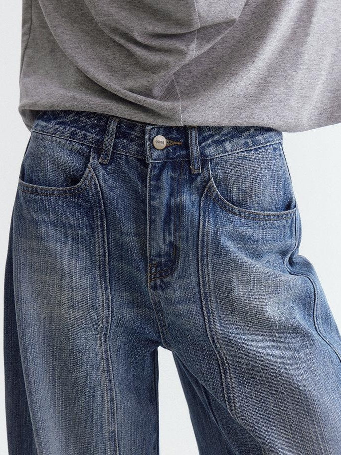 fano Breathable Cotton Natural Waist Relaxed Pocketed Casual Blue Straight Leg Jeans