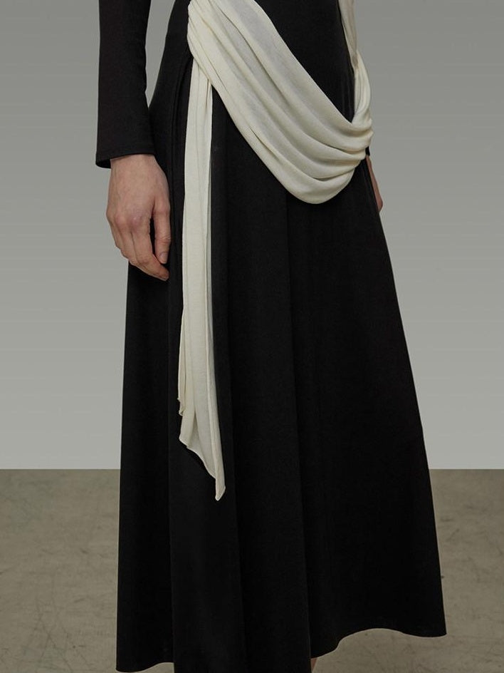 unspoken Slimming High Waist A Line Knit Long Sleeve Workwear Black Women Maxi Dresses