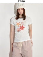 fano Breathable Lyocell Blend Korean Slim Fit White Printed Short Sleeve T-Shirts