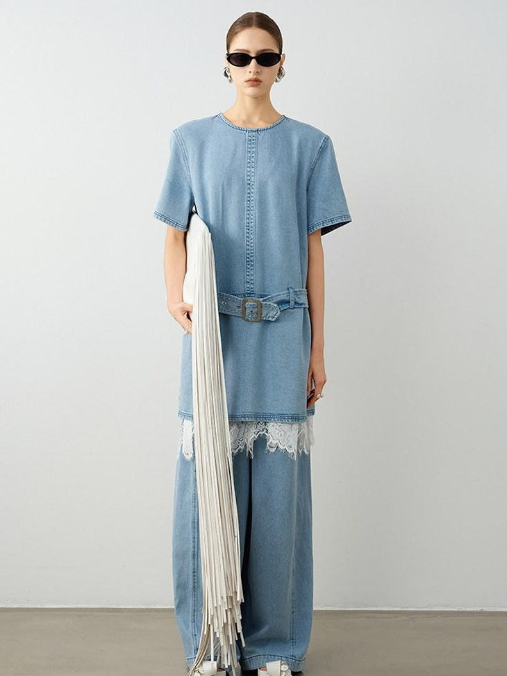 audreyyang Washed Tencel Micro Stretch Straight Fit Denim Blue Casual Short Sleeve T-Shirts