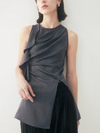 someonesometimes Satin Strappy Original Design Slim Fit Elegant Gray Off Shoulder Crop Tops