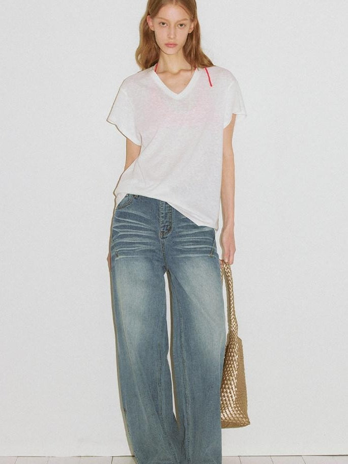 fano High Waist Wide Leg Zipper Fly Loose Light Blue Denim Straight Leg Jeans