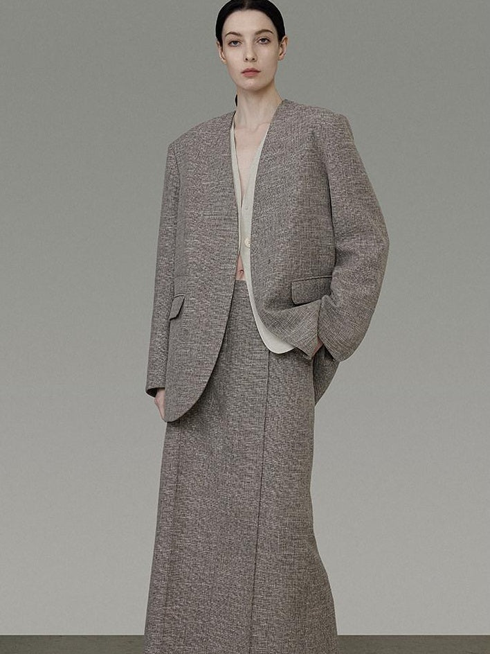 unspoken Minimalist Heather Gray Loose Fit Longsleeve Office Polyester Top & Skirt Sets