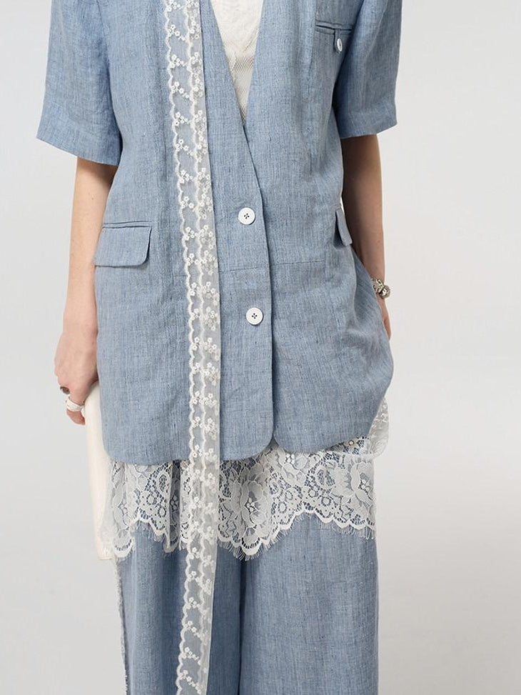 audreyyang Pure Linen Lightweight Relaxed Fit Lace Detail Commuter Women Wide Leg Pants