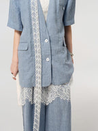 audreyyang Pure Linen Lightweight Relaxed Fit Lace Detail Commuter Women Wide Leg Pants