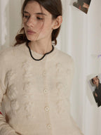 Lofi choose Soft Pearl White Floral Knit Casual Relaxed Button Front Round Neck Women Cardigans