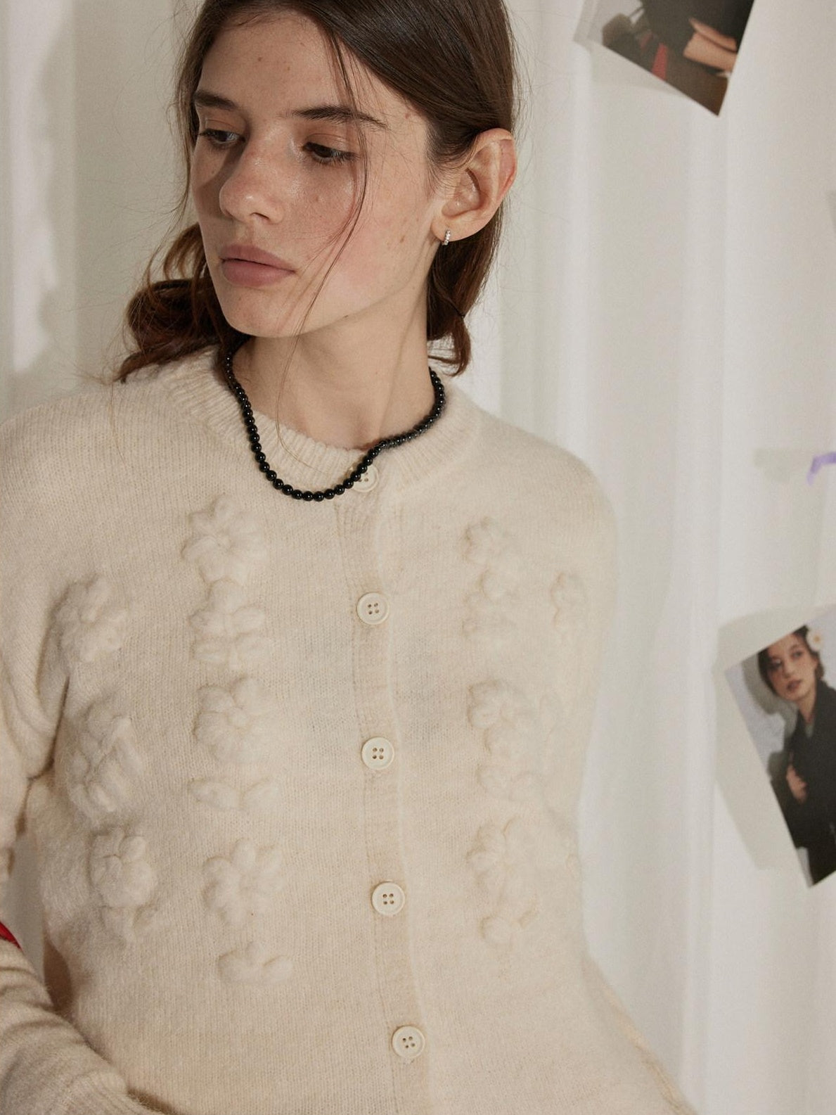 Lofi choose Soft Pearl White Floral Knit Casual Relaxed Button Front Round Neck Women Cardigans
