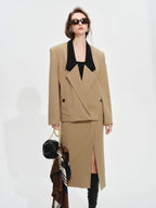 audreyyang Khaki Contrast Lapel Blazer Slit Loose Fit Long Sleeve Women Top & Skirt Sets