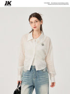 ikyou Uv Protection Lyocell Slim Ruching Stand Collar Embroidered Work Everyday Shirts
