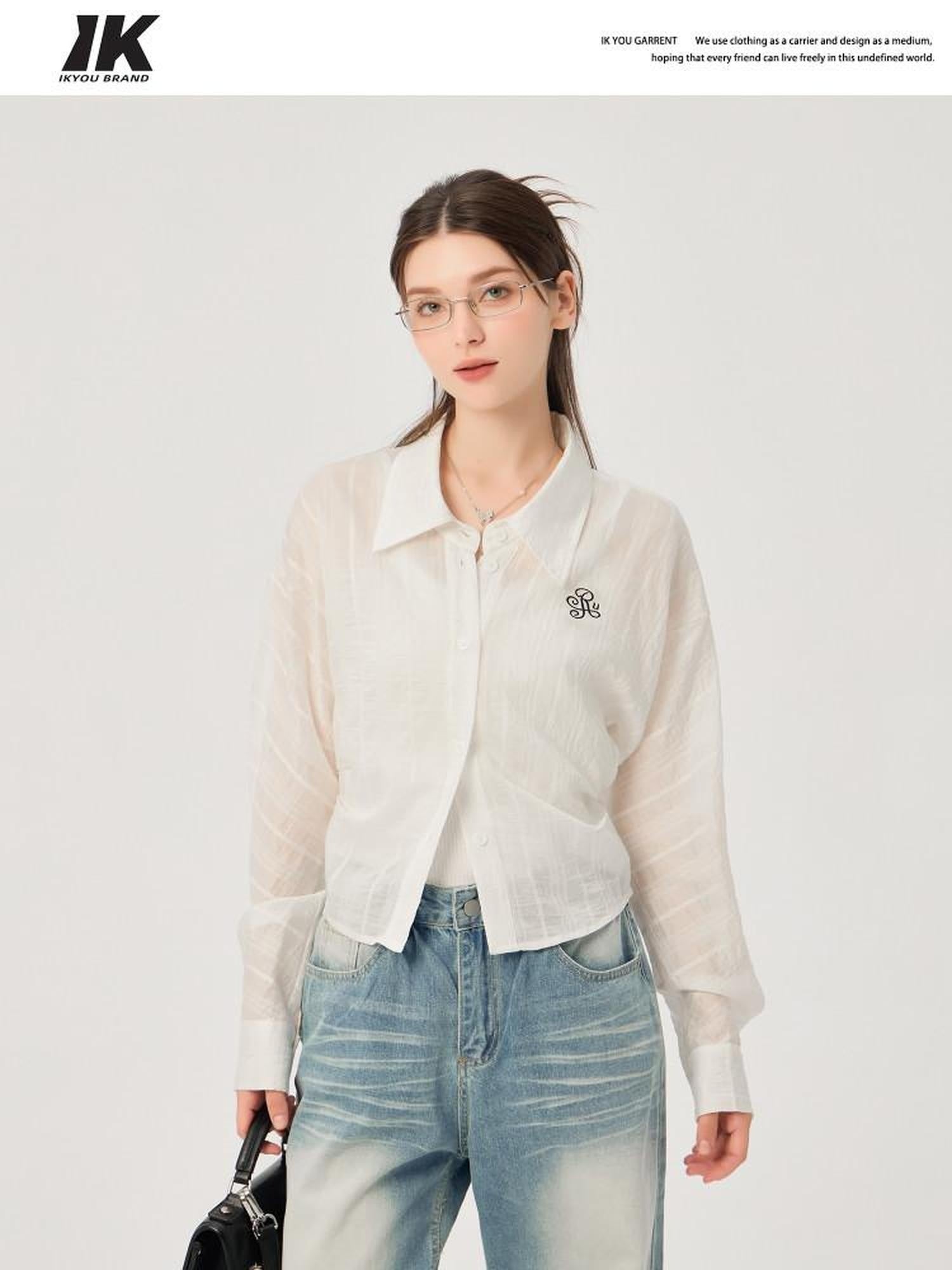 ikyou Uv Protection Lyocell Slim Ruching Stand Collar Embroidered Work Everyday Shirts