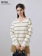 ikyou Soft Relaxed Striped V-neck Casual Women Viscose Blend Long Sleeve Sweaters