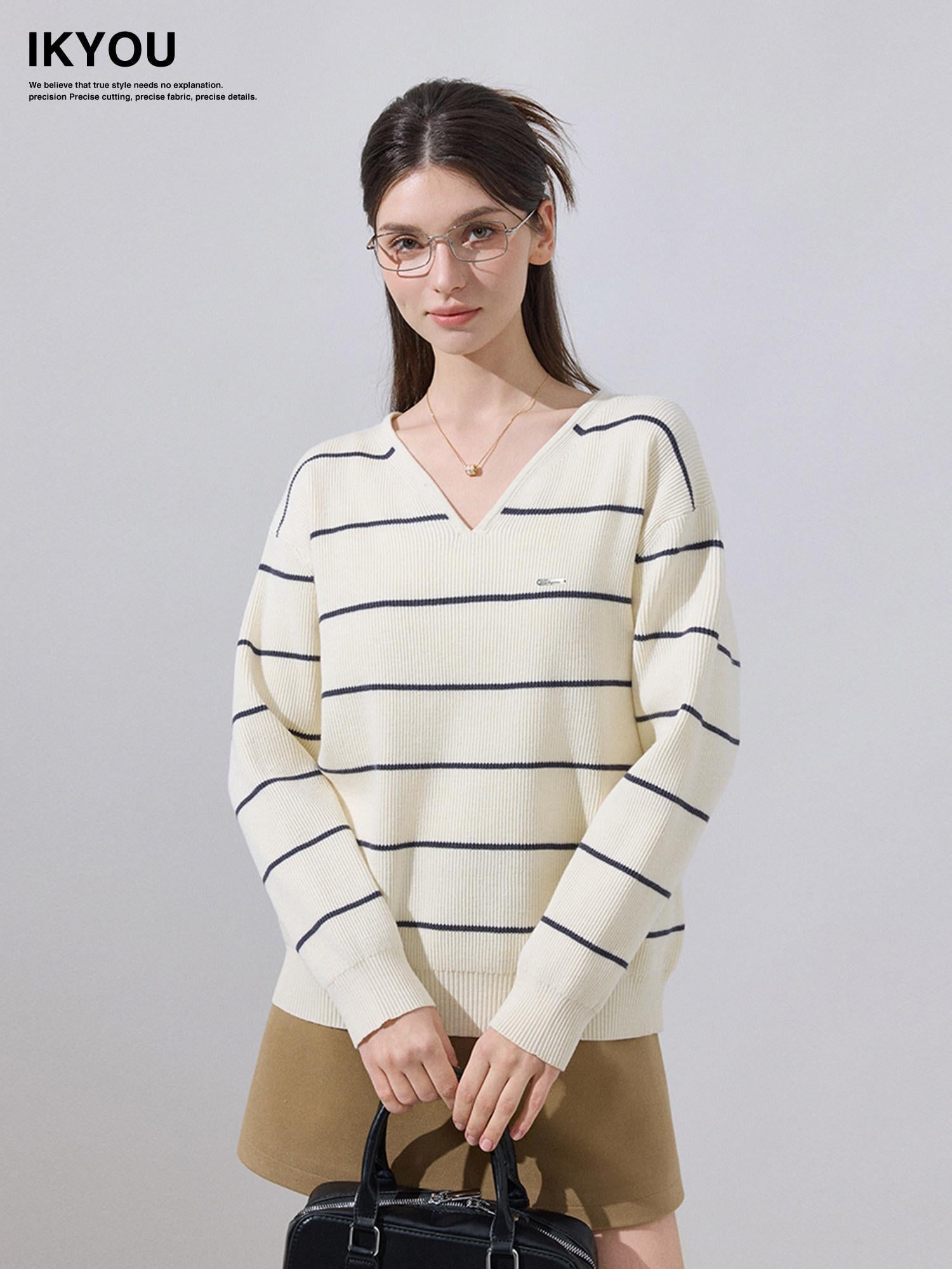 ikyou Soft Relaxed Striped V-neck Casual Women Viscose Blend Long Sleeve Sweaters