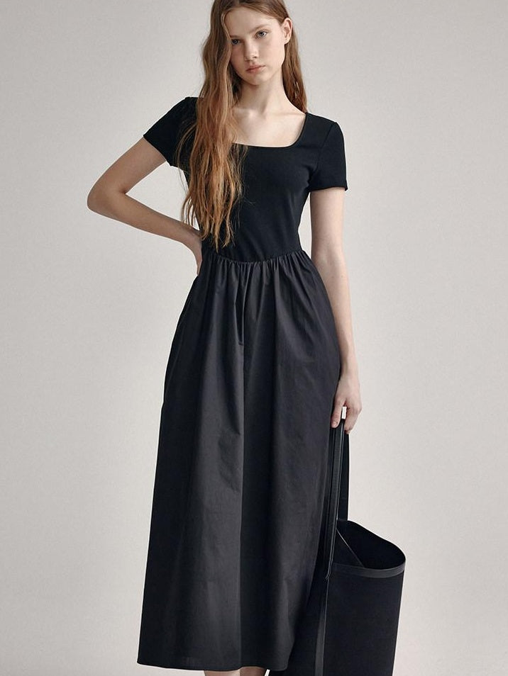 fano Cotton High Waist A Line Square Neck Short Sleeve Office Casual Maxi Dresses