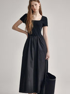 fano Cotton High Waist A Line Square Neck Short Sleeve Office Casual Maxi Dresses