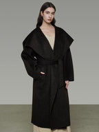 unspoken Pure Sheepswool Long Belted Lapel Loose Tailored Office Coffee Brown Wool Coats
