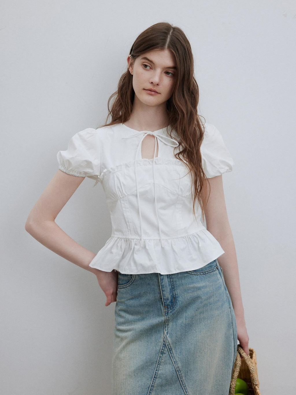 Lofi choose Puff Sleeve Tie Neck Loose Fit Office Workwear Short Sleeve White Pink Blouses