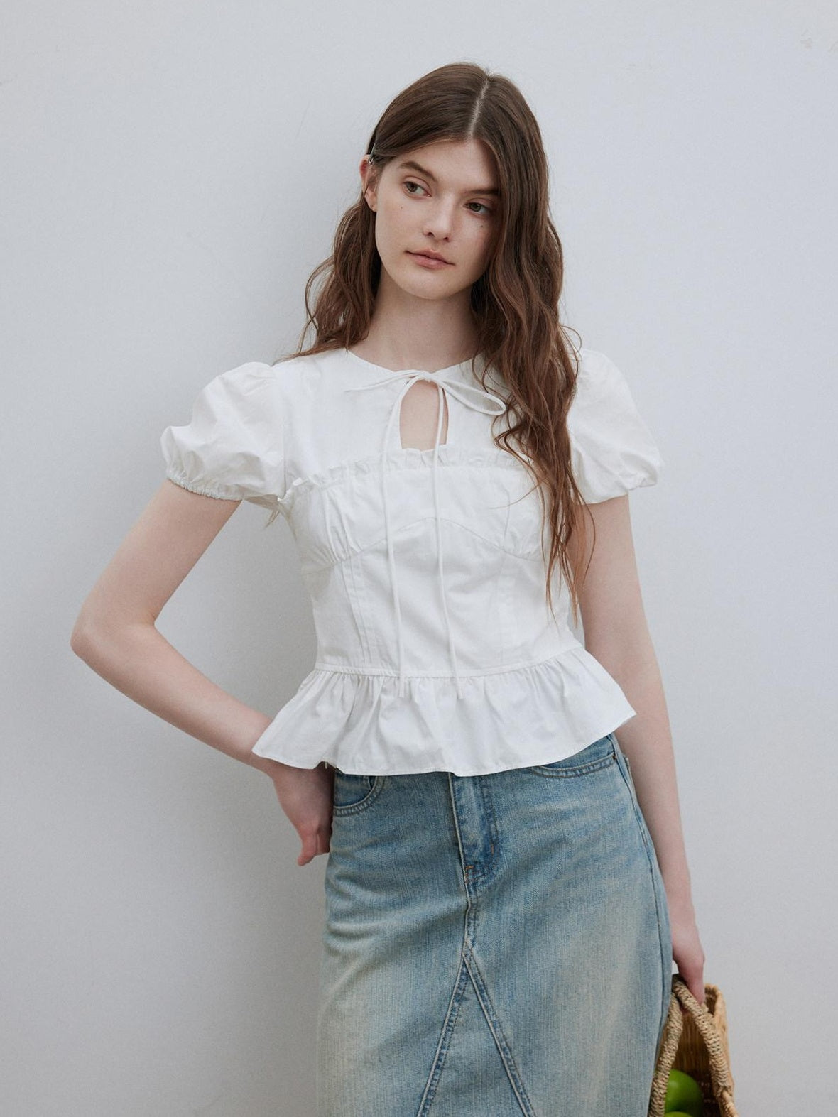 Lofi choose Puff Sleeve Tie Neck Loose Fit Office Workwear Short Sleeve White Pink Blouses