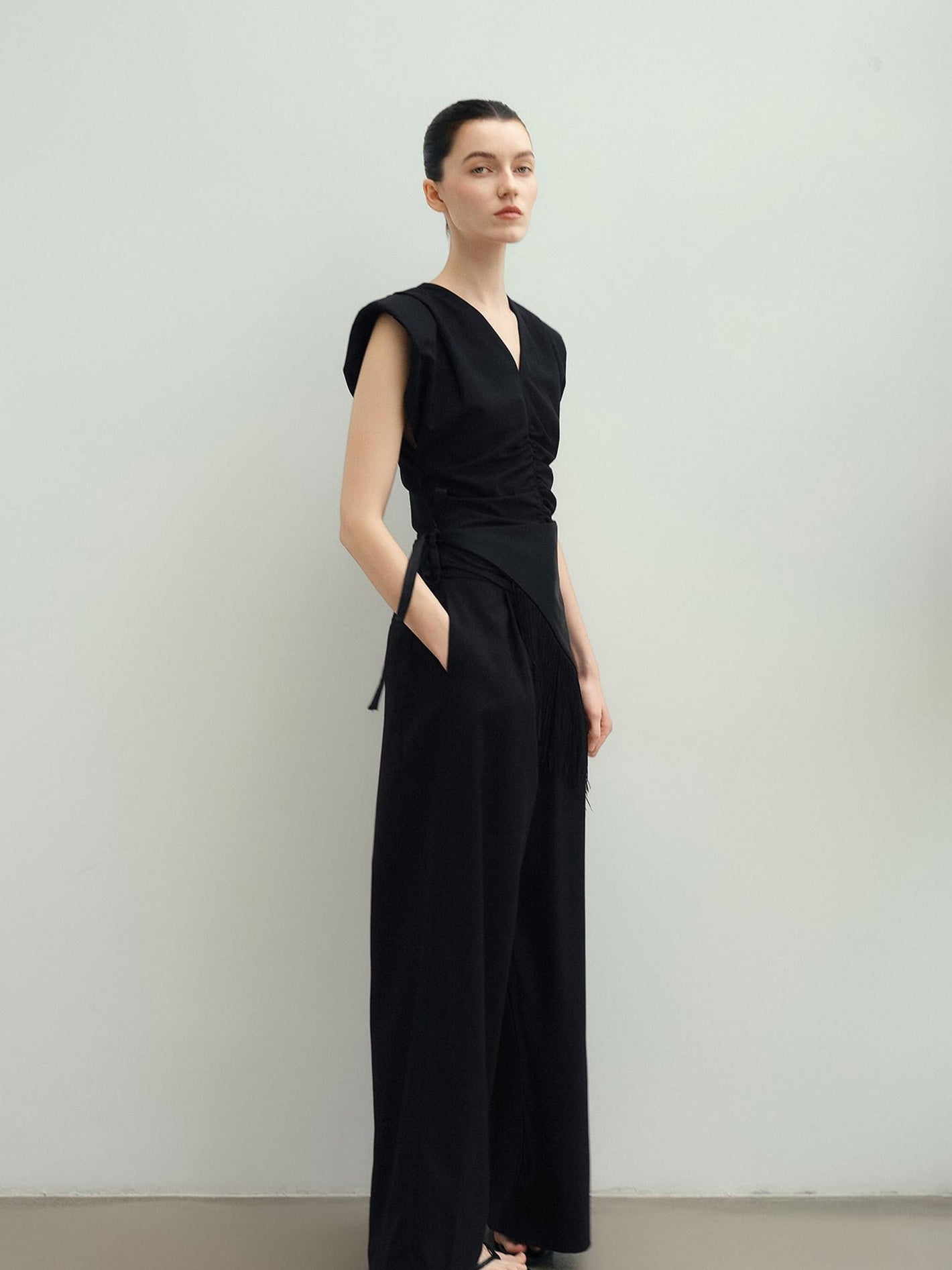 audreyyang Eco Viscose Relaxed Minimalist Workwear Natural Waist Zip Women Wide Leg Pants