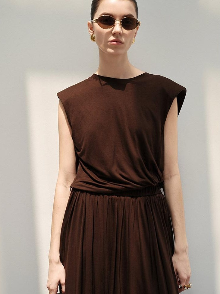 audreyyang Recycled Viscose French Chic Pleated Aline Two Piece Sleeveless Maxi Dresses