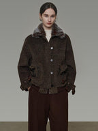 unspoken Faux Fur Collar Loose Fit Structured Tailored High Waist Women Brown Short Coat