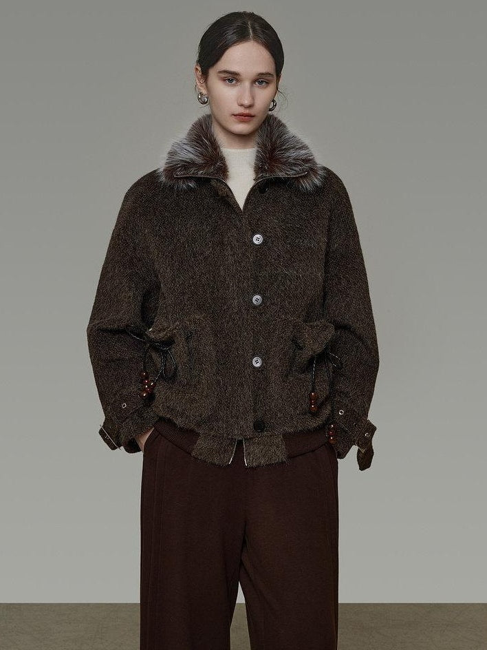 unspoken Faux Fur Collar Loose Fit Structured Tailored High Waist Women Brown Short Coat