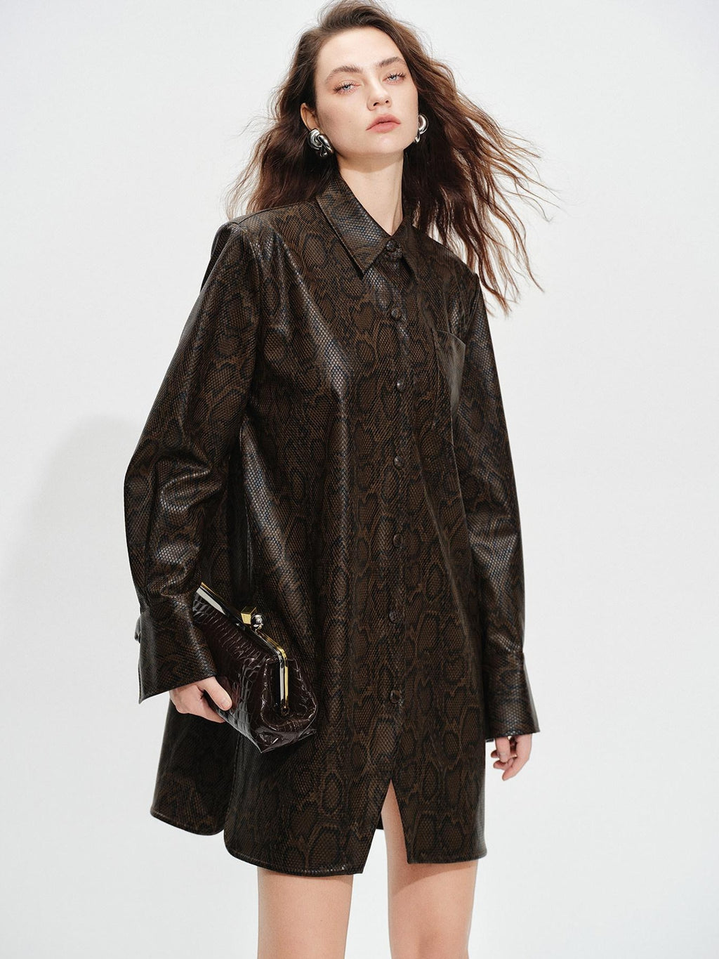 audreyyang Detachable Vintage Snake Print Pu Midlength Relaxed Womens Lapel Leather Jackets