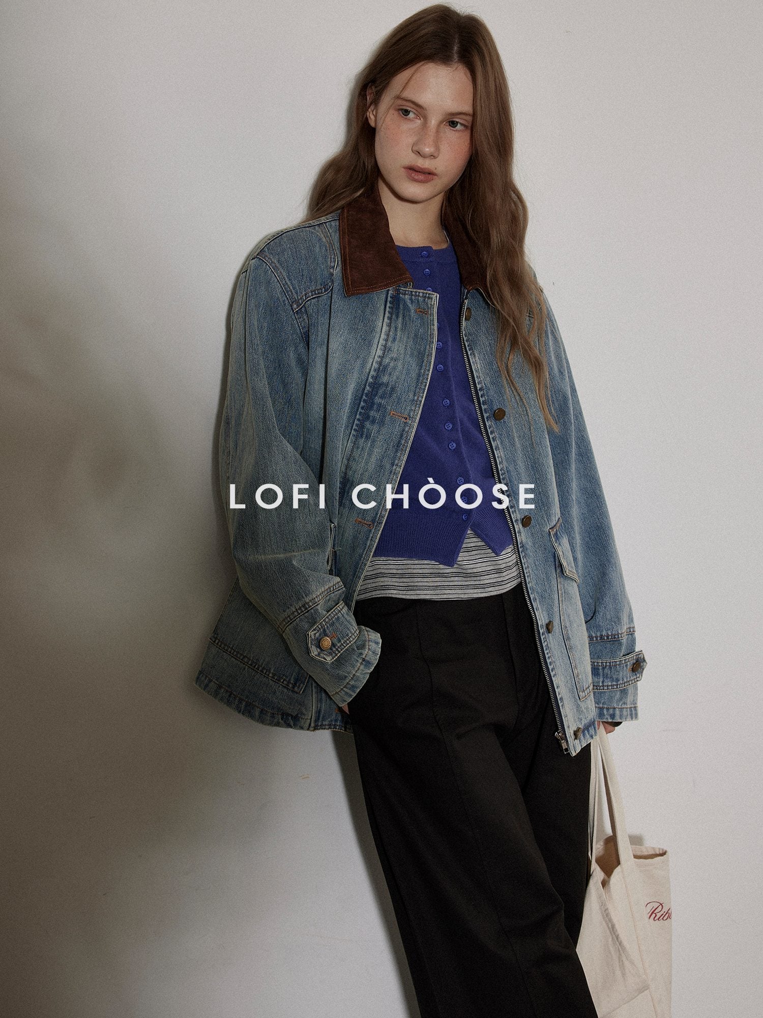 Lofi choose Cotton Colorblock Loose Fit Women Button Midlength Blue Denim Jackets