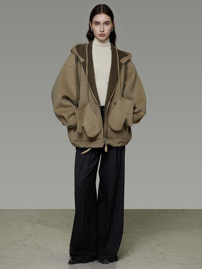 unspoken Premium Sheepswool Minimal Commuter Loose Fit Hooded Zip For Women Wool Coats
